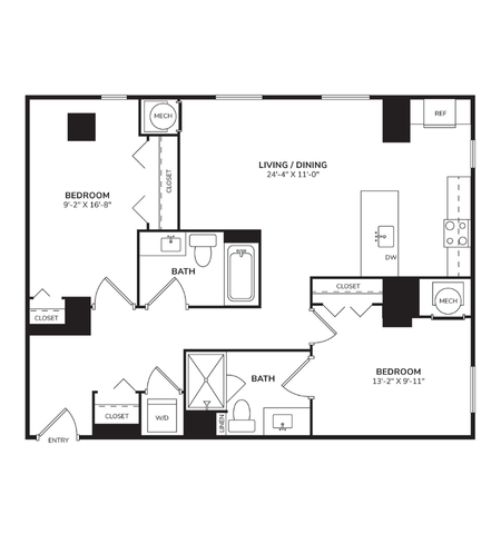 Floor plan for 2 beds, 2 baths, 1154 sqft